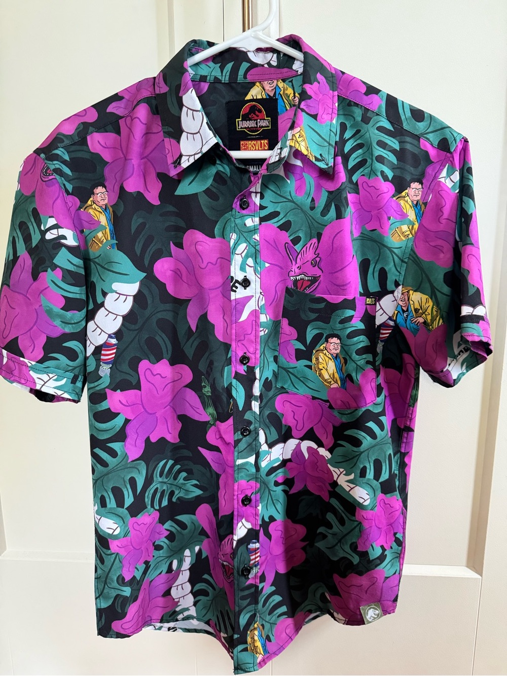 RSVLTS Men’s Jurassic Park Short-Sleeve Button-Down Shirt— Black, Purple & Green